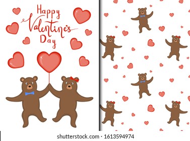 Valentine's Day set of pattern and postcard with cute bears. Cartoon style. Vector illustration