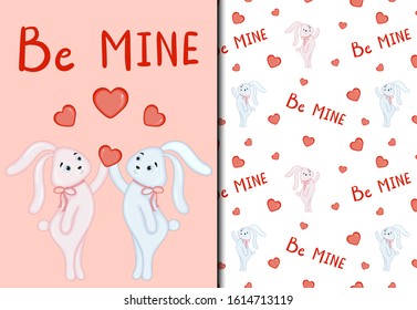 Valentine's Day set of pattern and postcard with cute bunnies. Cartoon style. Vector illustration