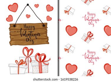 Valentine's Day set of pattern and postcard. Cartoon style. Vector illustration