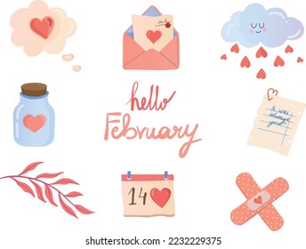 Valentine's day set, postcard or banner design elements, cute love illustration