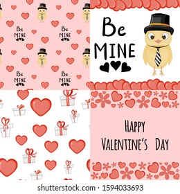 Valentine's Day set with postcard, pattern and template. Cartoon style. Vector illustration