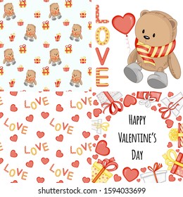 Valentine's Day set with postcard, pattern and template. Cartoon style. Vector illustration
