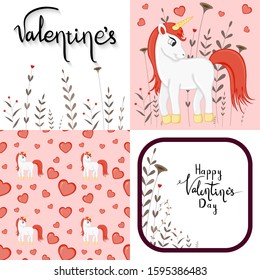Valentine's Day set with postcard, pattern and template. Cartoon style. Vector illustration
