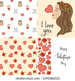 Valentine's Day set with postcard, pattern and template. Cartoon style. Vector illustration
