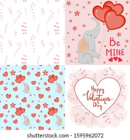 Valentine's Day set with postcard, pattern and template. Cartoon style. Vector illustration