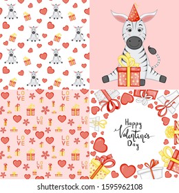 Valentine's Day set with postcard, pattern and template. Cartoon style. Vector illustration