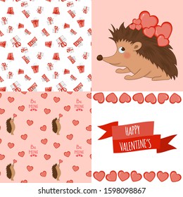 Valentine's Day set with postcard, pattern and template. Cartoon style. Vector illustration