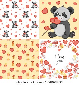 Valentine's Day set with postcard, pattern and template. Cartoon style. Vector illustration