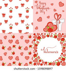 Valentine's Day set with postcard, pattern and template. Cartoon style. Vector illustration