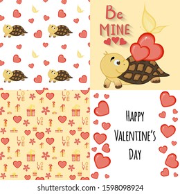 Valentine's Day set with postcard, pattern and template. Cartoon style. Vector illustration