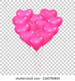 Valentine's Day. Set of realistic pink helium balloons of heart shape and ribbons. Valentine's balloons.