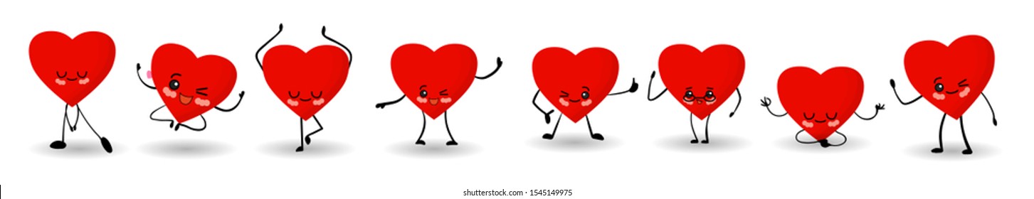 Valentine's Day. set red heart on a white background. Cute kawaii cartoon characters with eyes and arms and legs.