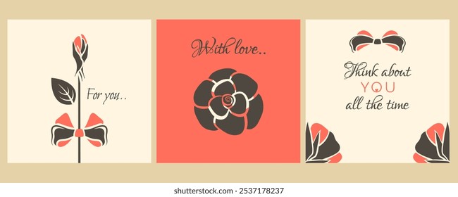 Valentine's day. Set of retro posters with Valentine elements for 14 February holiday. Valentine concept. Beautiful flower, rosebud, bow, love text. Gift cards. Vector flat illustration