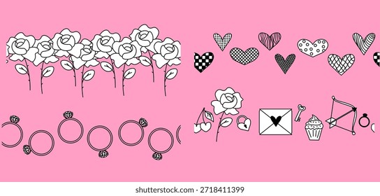 Valentinstag Set Ring stieg nahtlose horizontale Grenze. Schwarz-Weiß-Illustration einer Vektorgrafik-Linie. Für Poster, Einladung, Kulisse, Anzeige, Verkaufsförderung, Print für T-Shirt