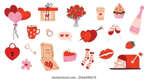 Valentine's Day set. Romantic collection with hearts, attributes of lovers, cute elements. Flat vector illustration. Hand drawn style. 