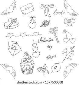 Valentines Day set with romantic elements, heart, envelopes, wings, chocolate, ribbons isolated on white. Template for Stickers, Greeting Scrapbooking, Congratulations, Invitations.Vector illustration