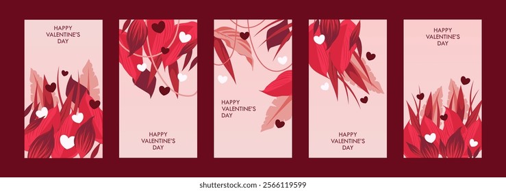 Valentine's Day. Set of romantic templates for cards, flyers, stories, postcards. Tropical leaves and hearts. Vector illustration