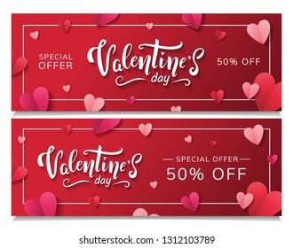 Valentine's Day set of sale horizontal banners with hand written lettering and paper hearts on red background. Special offer 50% off. - Vector
