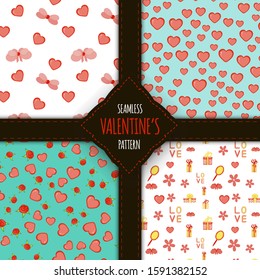 Valentine's Day set of seamless patterns. Cartoon style. Vector illustration