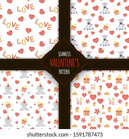 Valentine's Day set of seamless patterns. Cartoon style. Vector illustration