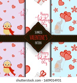 Valentine's Day set of seamless patterns. Cartoon style. Vector illustration