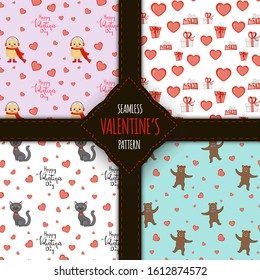 Valentine's Day set of seamless patterns. Cartoon style. Vector illustration