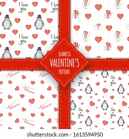 Valentine's Day set of seamless patterns. Cartoon style. Vector illustration