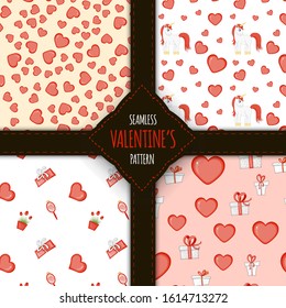 Valentine's Day set of seamless patterns. Cartoon style. Vector illustration