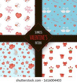 Valentine's Day set of seamless patterns. Cartoon style. Vector illustration