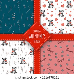 Valentine's Day set of seamless patterns. Cartoon style. Vector illustration