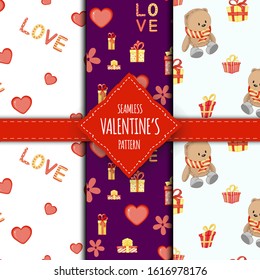 Valentine's Day set of seamless patterns. Cartoon style. Vector illustration