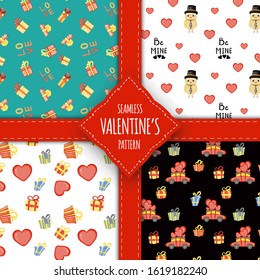 Valentine's Day set of seamless patterns. Cartoon style. Vector illustration