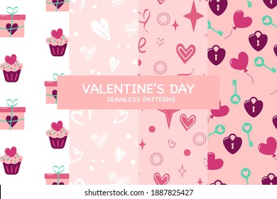 Valentine's day set of seamless patterns and decorative elements. Vector flat illustration of festive ornaments on pink background with hearts, locks, keys, stars, gifts, cupcakes for a party, wedding