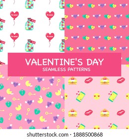 Valentine's day set of seamless patterns and decorative elements. Vector flat illustration of festive ornaments on pink background with heart, candy, balloon, lips, phone for a princess party, wedding