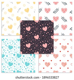 Valentine's day set of seamless patterns and decorative elements. Festive ornaments on white background with heart for a princess party, wedding. Vector flat illustration