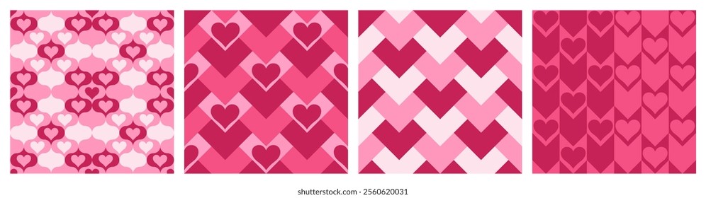 Valentine's day set of seamless patterns. Minimalistic vector design pink Hearts. Damask motif, checkerboard pattern. Suitable for backgrounds, wallpapers, packaging