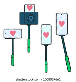 Valentine's Day. Set selfie stick icon.  Black line vector illustration isolated on white background. Concept sign a blogger broadcast in social networks. Festive hearts valentine