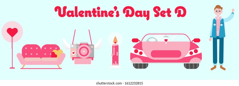 Valentine's day set: sofa, camera , candle, car, man.