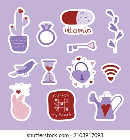 Valentine's day set of stickers with cactus, plant, diamond ring, key, lock, hourglass, watering can, wi-fi and dove. Vector illustration for february 14 gift card Very Peri colors