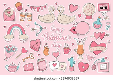 Valentine's day set of stickers, doodles, cartoon elements isolated on pink background for prints, cards, posters, planners, signs, etc. EPS 10