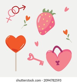 valentine's day set - strawberry, lollipop, lock and key, men and woman sign, hearts. pink clipart