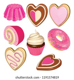 Valentines Day Set of Sweet Desserts Isolated on White Background. Cakes Pudding and Cookies in Pink. Vector 3D Realistic Illustrations.

