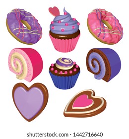 Valentines Day Set of Sweet Desserts Isolated on White Background. Cupcakes, Donuts, Rolls and Cookies in Pink and Purple. Vector 3D Illustrations.