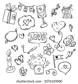 Valentine's Day set of symbols - hearts, cups, letters, flowers, gifts. Vector illustration. Black and pink on white background. set of hand lettering wedding invitation and romantic
