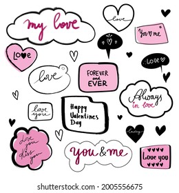 Valentine's Day set of symbols.Calligraphy. Vector illustration. Black and pink on white background. set of hand lettering wedding invitation and romantic

