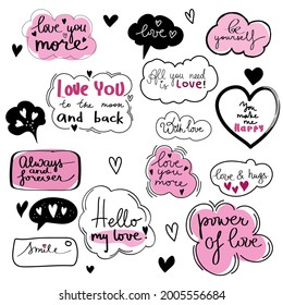 Valentine's Day set of symbols.Calligraphy. Vector illustration. Black and pink on white background. set of hand lettering wedding invitation and romantic

