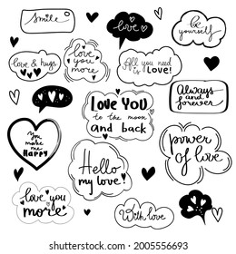 Valentine's Day set of symbols.Calligraphy. Vector illustration. Black and white on white background. set of hand lettering wedding invitation and romantic

