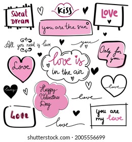 Valentine's Day set of symbols.Calligraphy. Vector illustration. Black and pink on white background. set of hand lettering wedding invitation and romantic

