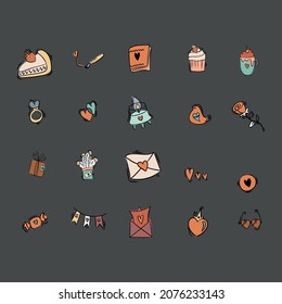 Valentine's Day set of symbols.Calligraphy. Vector illustration. Boho colour on dark grey background. set of hand symbols for wedding invitation and romantic
