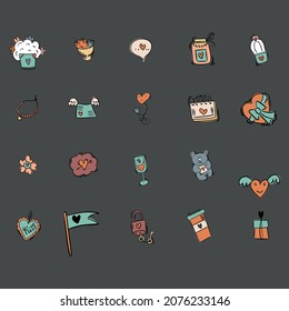Valentine's Day set of symbols.Calligraphy. Vector illustration. Boho colour on dark grey background. set of hand symbols for wedding invitation and romantic
